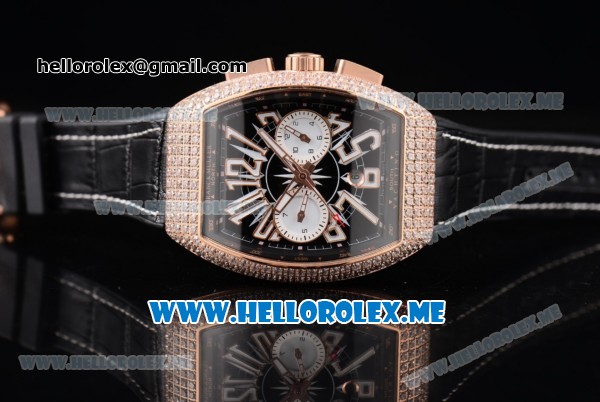 Franck Muller Vanguard Miyota OS20 Quartz Rose Gold Case with Black Dial Black Leather Strap and White Subdials Diamonds Bezel - Click Image to Close